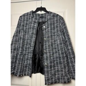 Ryan Wythe Women Black White Tweed Plaid Button Front‎ Collarless Jacket Size 12